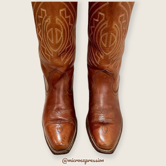 1980s VINTAGE Frye Aztec Geometric Leather Brown Cognac Embroidered Cowboy Boot - Picture 7 of 15